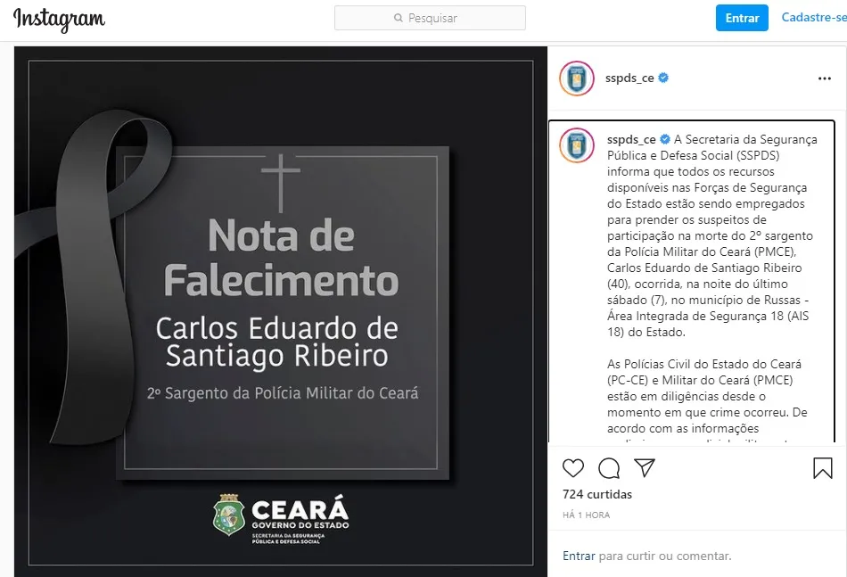 A SSPDS divulgou a nota de pesar nas redes sociais