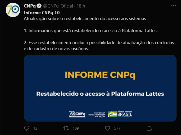 Print de tuíte do CNPq informando o restabelecimento do acesso à plataforma Lattes