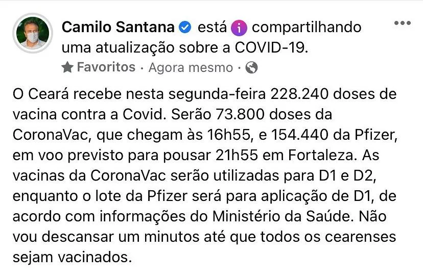 Vacinas chegarão em voos separados ainda nesta segunda-feira (9)