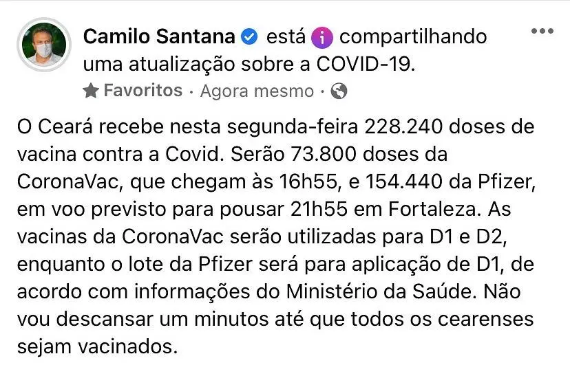 camilo santana anuncia chegada de mais vacinas