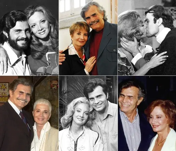Montagem de seis fotos de Tarcísio Meira e Glória Menezes em diversos momentos da carreira