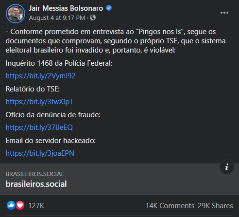 Publicação de Bolsonaro que segundo ele comprova fraude no sistema eleitoral