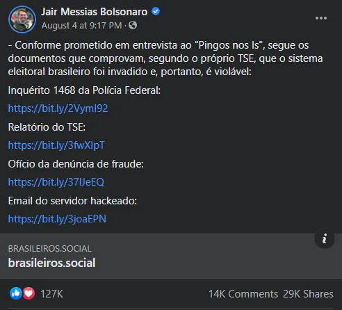 Bolsonaro afirmou por diversas vezes que o sistema eleitoral do País foi fraudado, mas já foi desmentido mais de uma vez pelo TSE