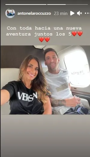 A esposa de Messi,  Antonela Rocuzzo, postou foto dentro da aeronave e falou em uma nova aventura com o marido e os três filhos