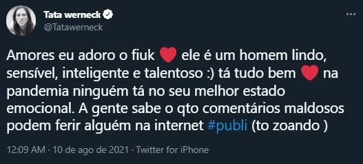 Tatá Werneck fez publicação no Twitter sobre o assunto