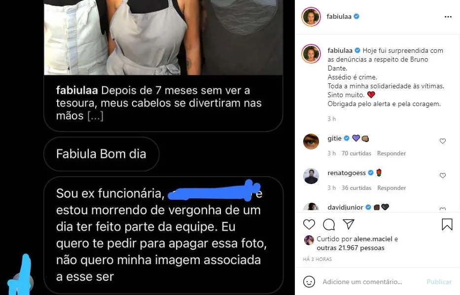 Post de Fabíula Nascimento sobre caso envolvendo Bruno Dantte