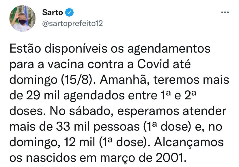 Gestor anunciou o avanço da imunização na Capital em post nas redes sociais