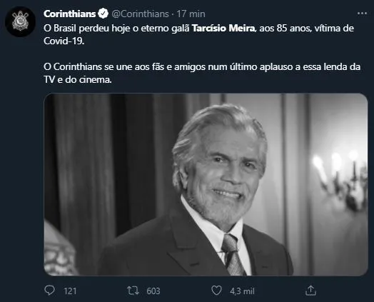 Tarcísio foi lembrado em publicações de luto