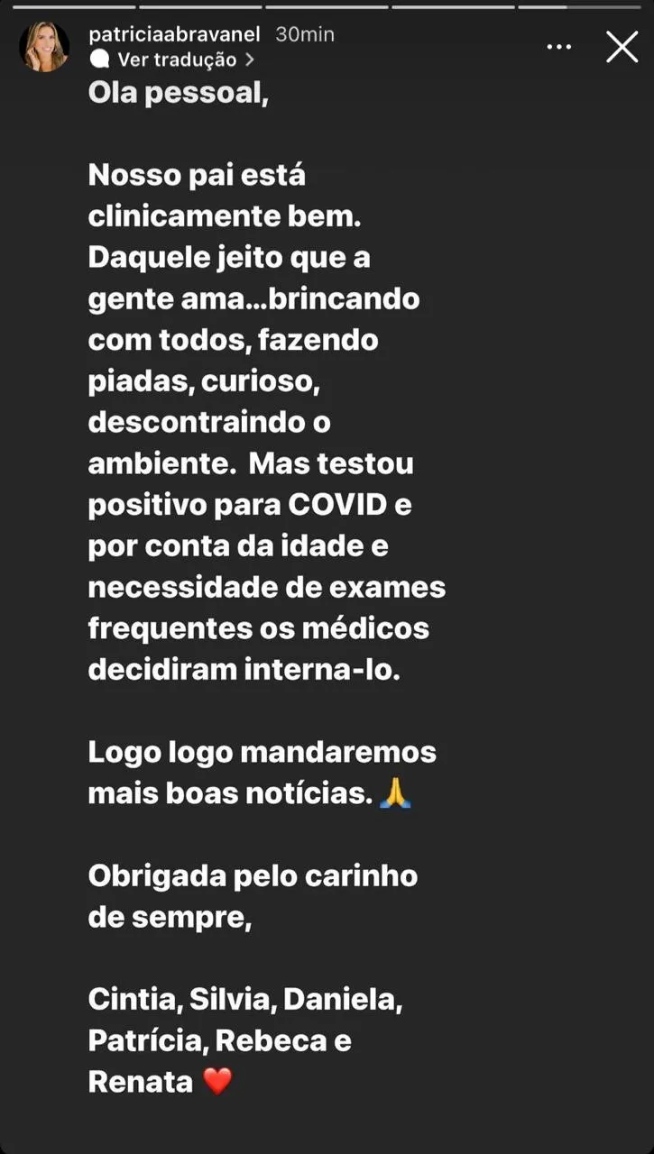 Informação foi divulgada por Patrícia Abravanel no Instagram
