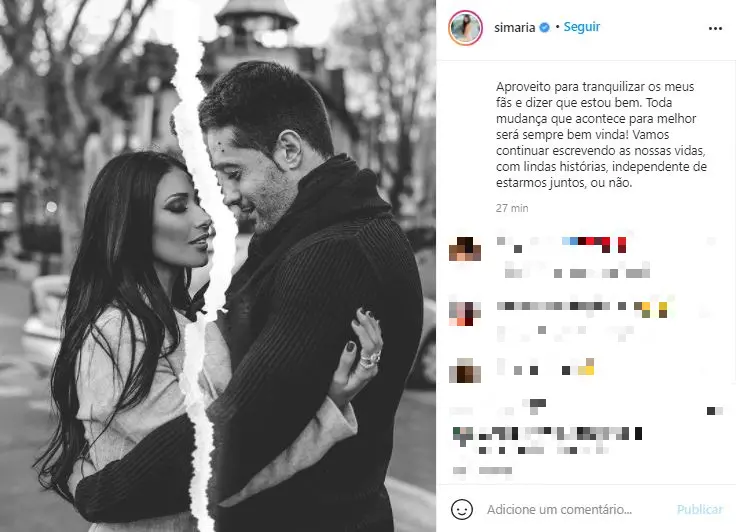 Simaria anuncia separação nas redes sociais
