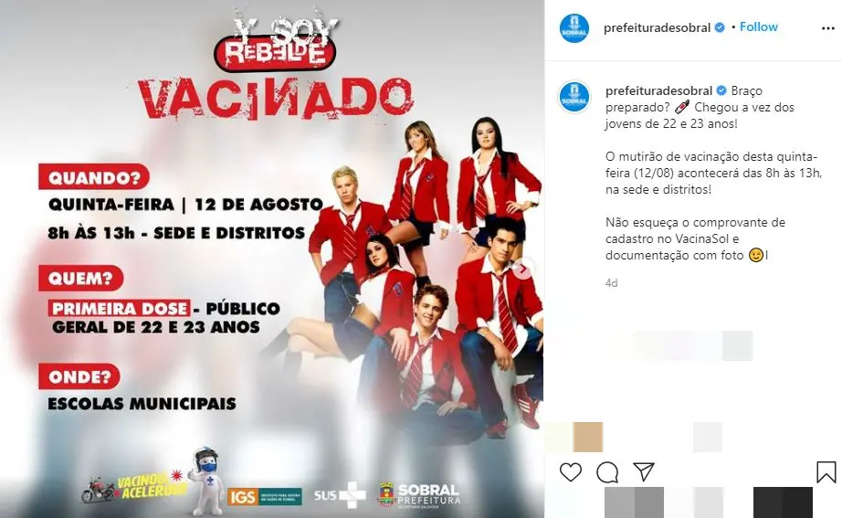 Campanha da prefeitura de Sobral com foto do grupo RBD para promover vacinação
