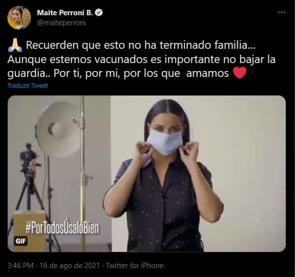 Tuíte de Maite Perroni falando sobre a pandemia e apoiando a vacina