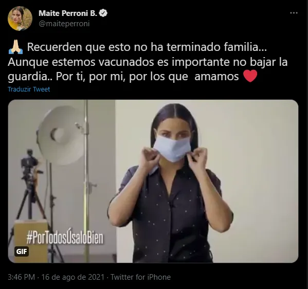 Por meio do Twitter, Maite se posicionou a favor da vacinação