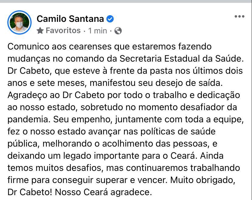 Camilo Santana anuncia saída de Cabeto nas redes sociais