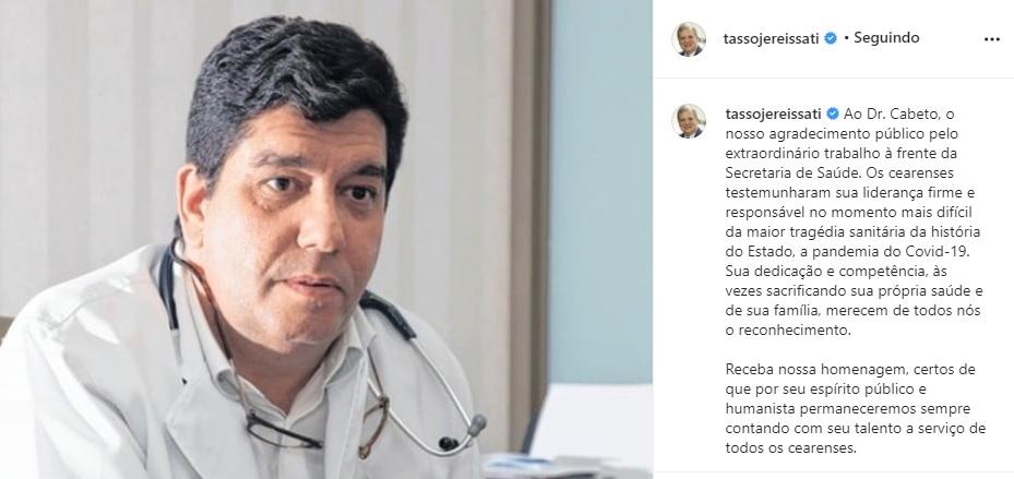 Print de publicação de Tasso Jereissati sobre Dr. Cabeto