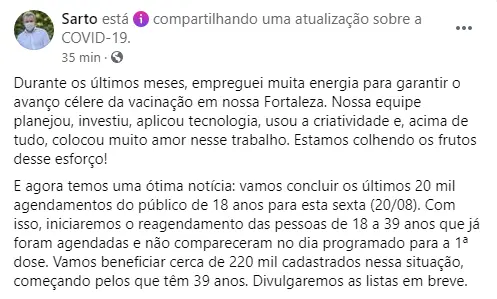 Sarto anuncia conclusão da primeira dose em jovens de 18 anos cadastrados