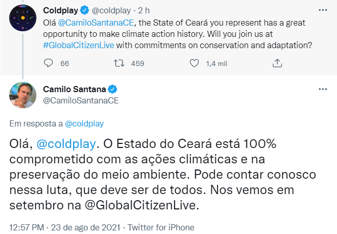 Camilo Santana responde tweet de Coldplay no Twitter