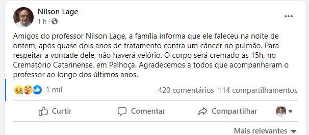 Comunicado de falecimento do Professor e Jornalista Nilson Lage