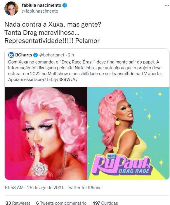 Tuíte com críticas à escolha de Xuxa para comandar versão brasileira de RuPaul's Drag Race