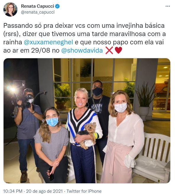 Tweet sobre bastidores de entrevista de Xuxa sobre documentário