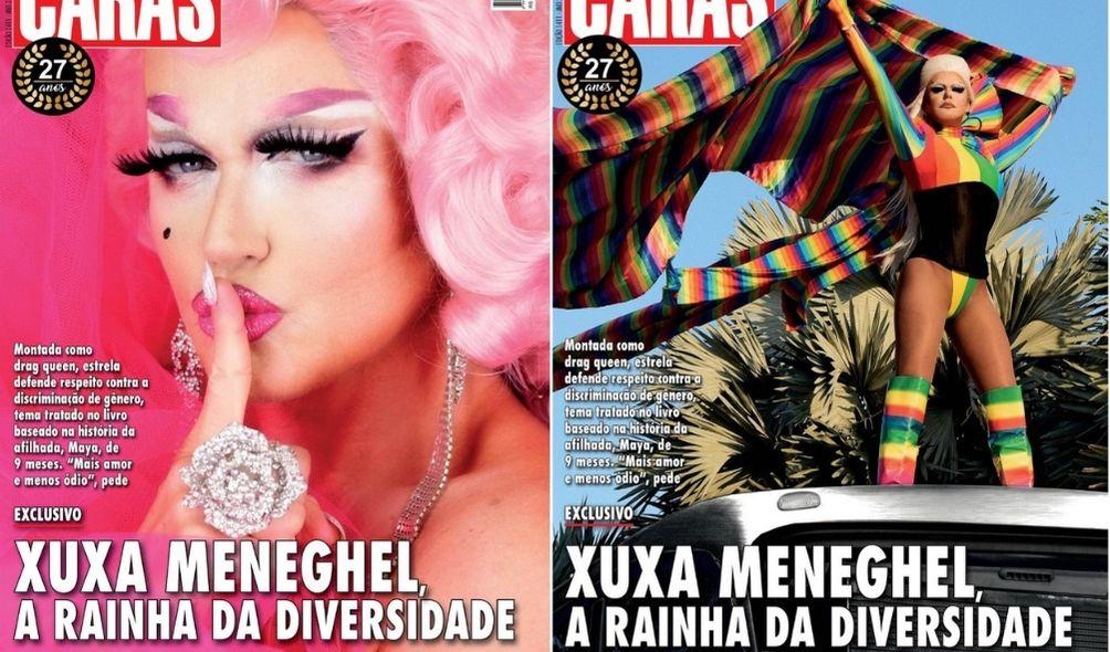 Montagem com capas de Xuxa montada como drag queen na Revista Caras
