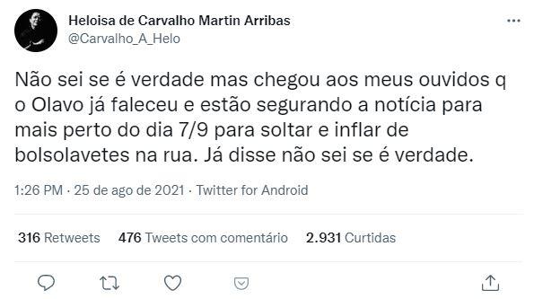 Tweet de Heloísa de Carvalho acerca de suposto óbito do pai, Olavo de Carvalho
