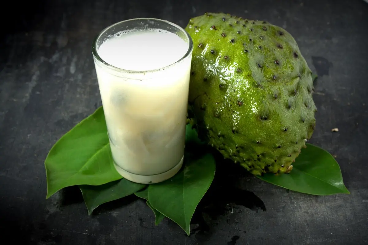Copo de suco de graviola ao lado da fruta