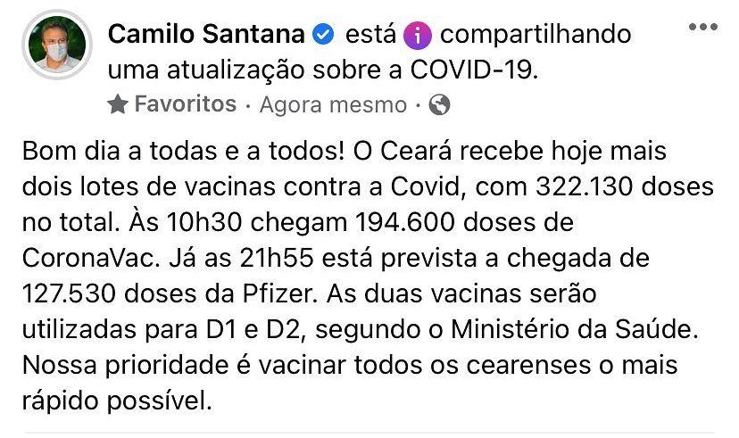 camilo santana anuncia mais vacinas para o Ceará