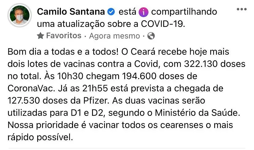 camilo santana anuncia mais vacinas para o Ceará