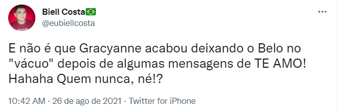 Usuário do Twitter comenta sobre relacionamento entre Belo e Gracyanne Babosa