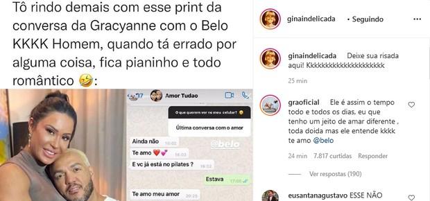 Perfil do Instagram comenta sobre relacionamento entre Belo e Gracyanne Babosa