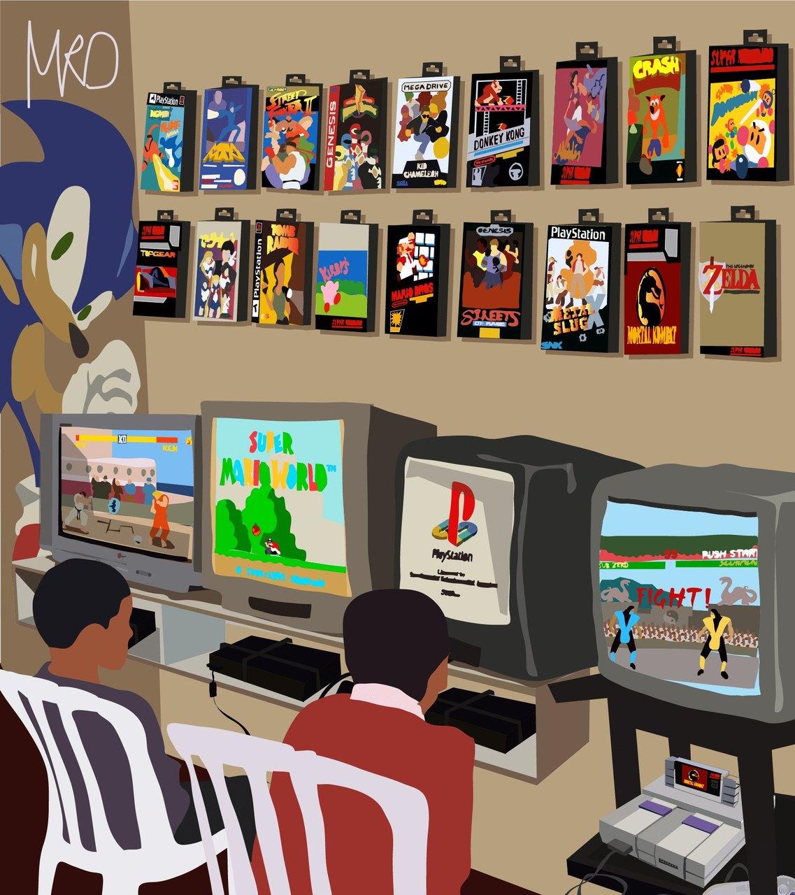 Ilustração de uma locadora de videogames cearense feita por Mário Maia Costa Neto