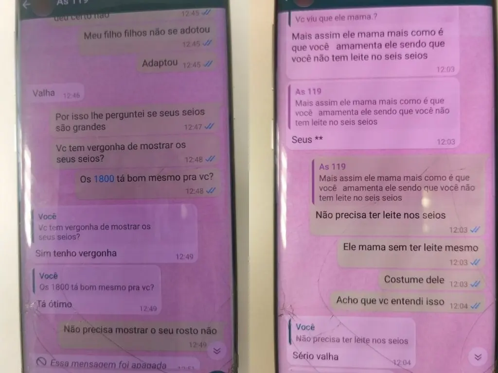 Montagem com duas fotos de conversa entre suspeito e uma das vítimas