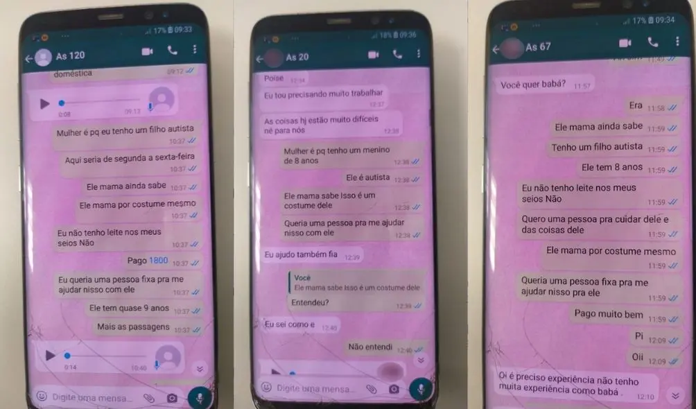 Montagem com três conversas de vítimas diferentes