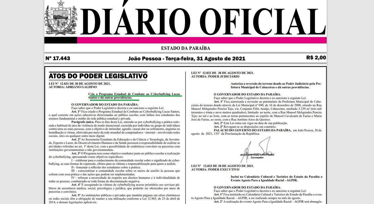 Lei Lucas Santos foi publicada no Diário Oficial da Paraíba