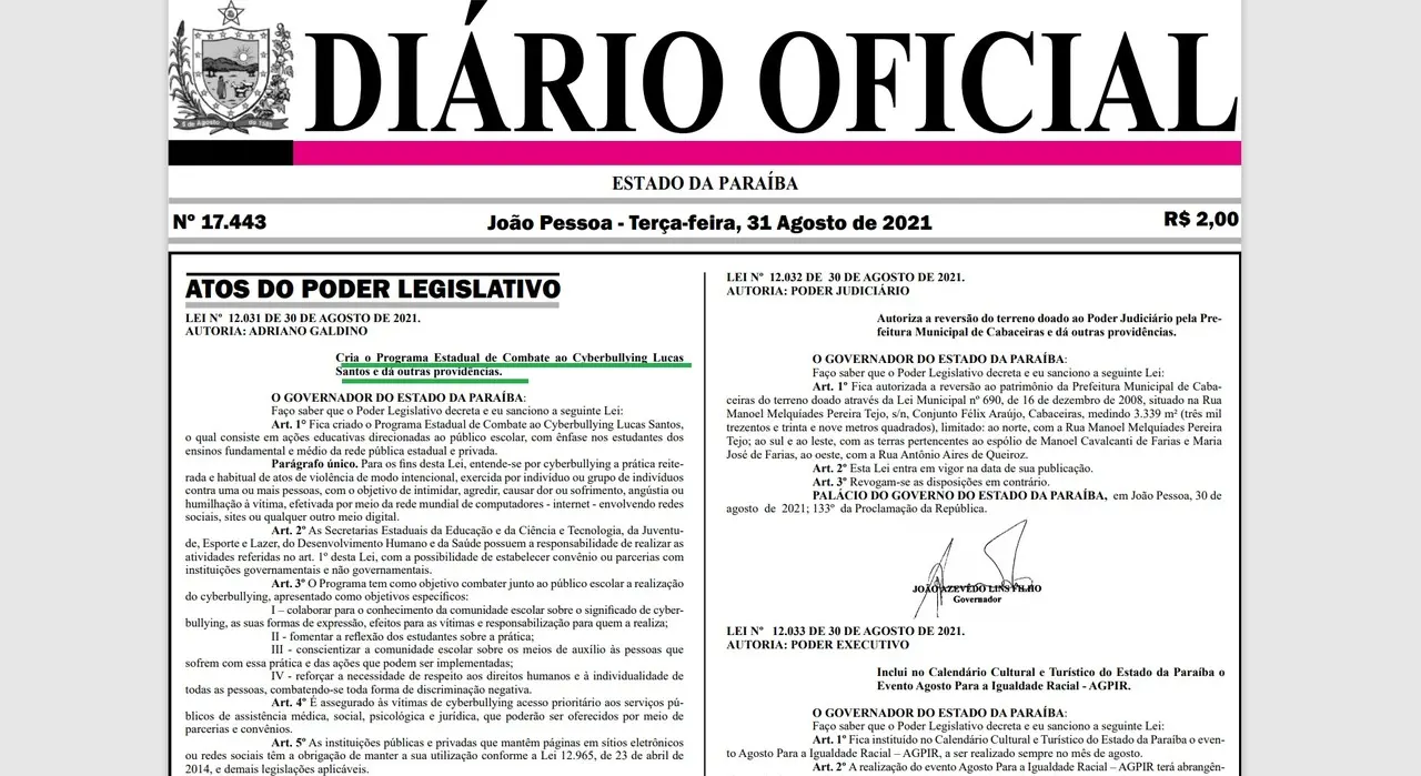 Lei Lucas Santos foi publicada no Diário Oficial da Paraíba