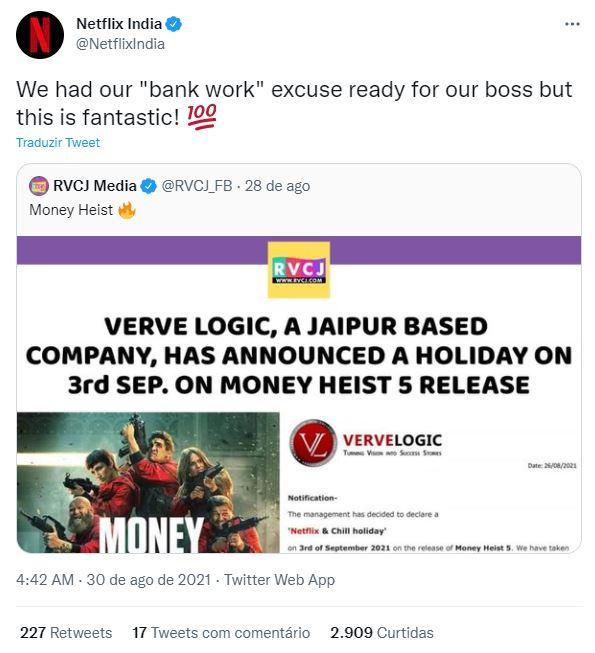 Post da Netflix da Índia sobre liberação de empresa para maratona de La Casa de Papel