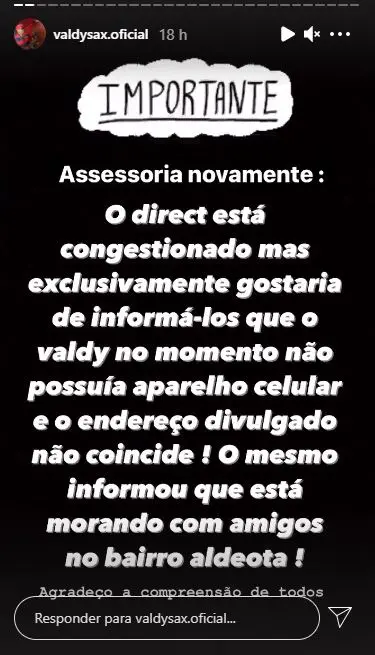 Print dos Stories do instagram no saxofonista Valdy