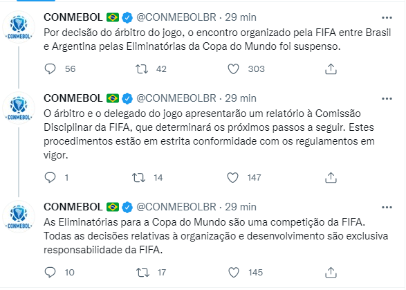 Conmebol no Twitter sobre Brasil e Argentina