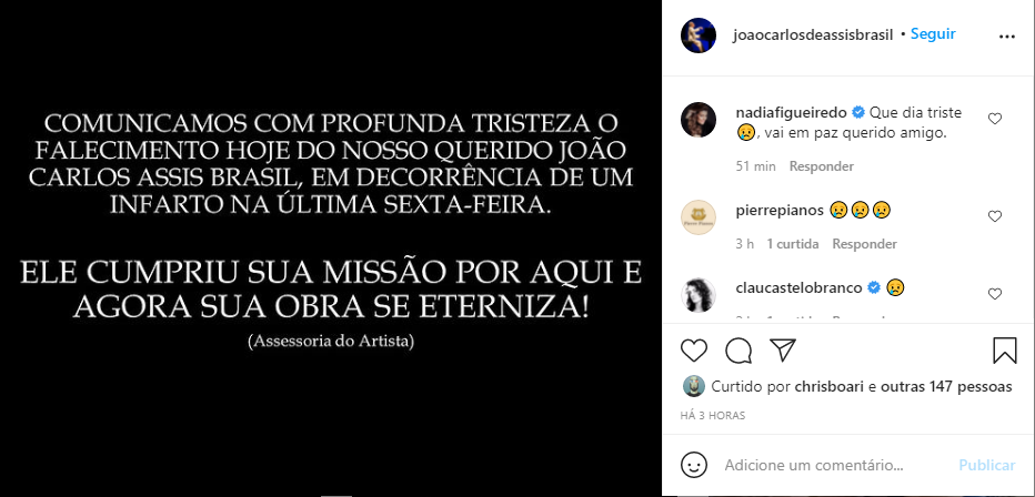 Post no instagram do Pianista João Carlos