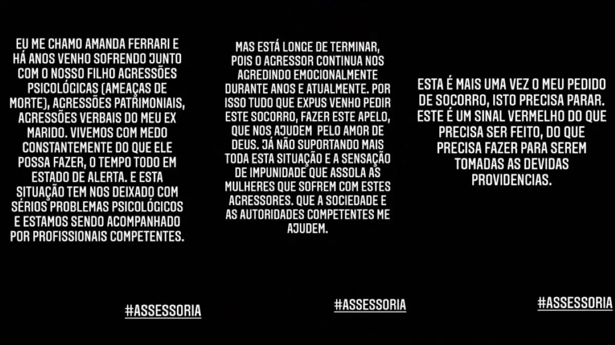 Prints de relato de agressões publicado por Amanda Ferrari