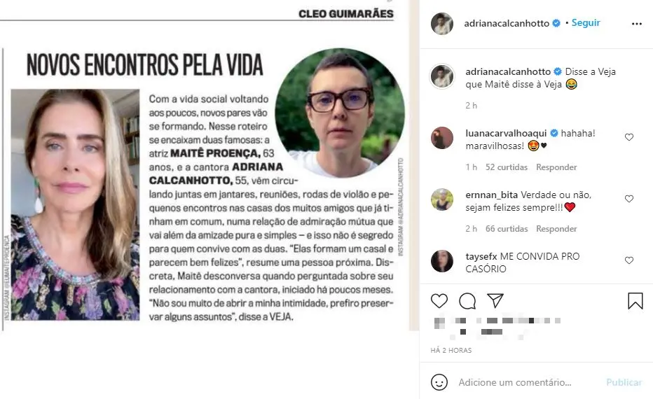 Print de publicação de Adriana Calcanhotto sobre Veja