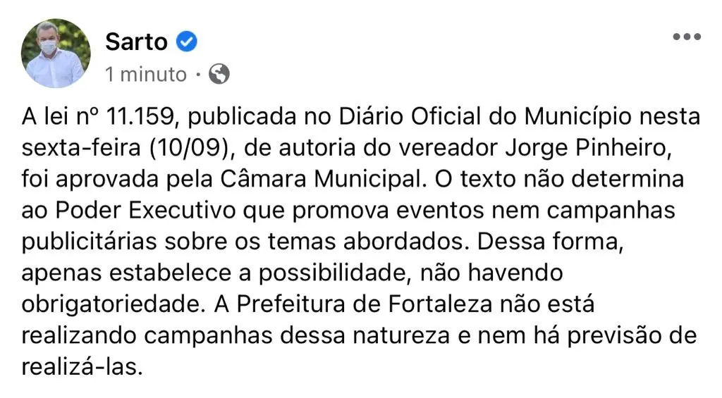 Print de publicação do prefeito Sarto Nogueira sobre lei da semana pela vida contra o aborto