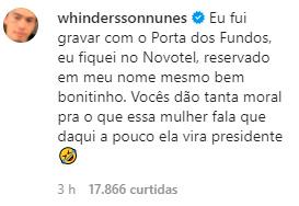 Comentário de Whindersson Nunes negando encontro com Luísa Sonza