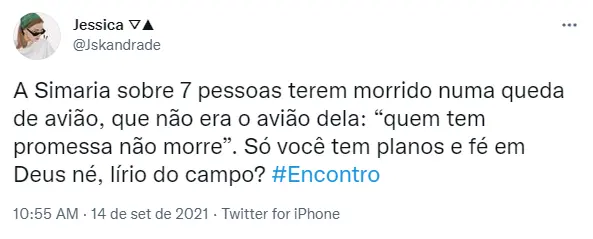 Tweet sobre fala de cantora Simaria durante programa Encontro