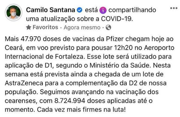 Camilo Santana anuncia nas redes sociais que Ceará deve receber lote com 47.970 vacinas da Pfizer