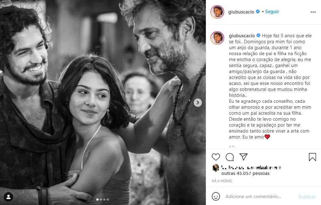 Giullia mostrou gratidão aos ensinamentos repassados pelo ator