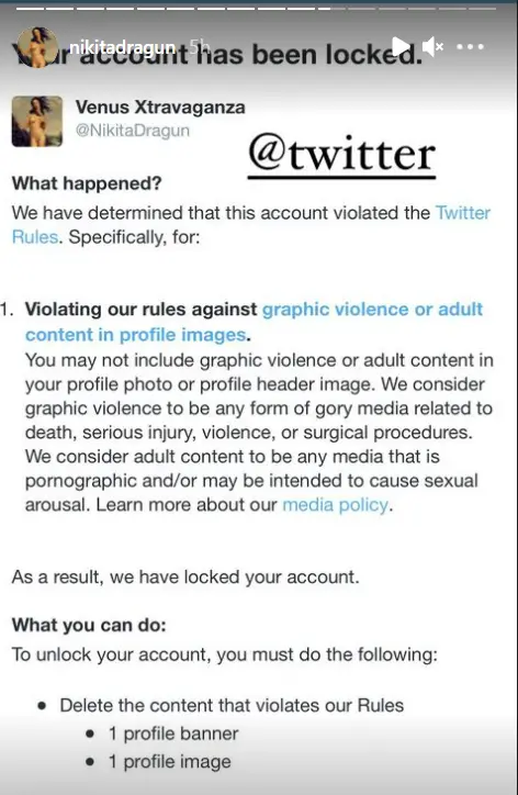 Publicação de Nikita Dragun sobre bloqueio no Twitter