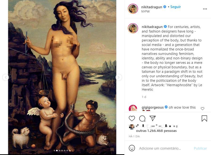 Post de Nikita Dragun sobre obra de arte exposta e censurada pelo Twitter