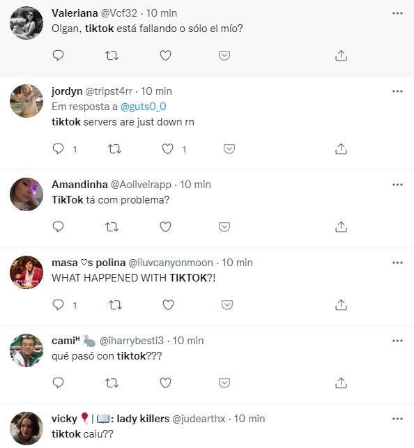 Usuários do TikTok reclamando da plataforma no Twitter